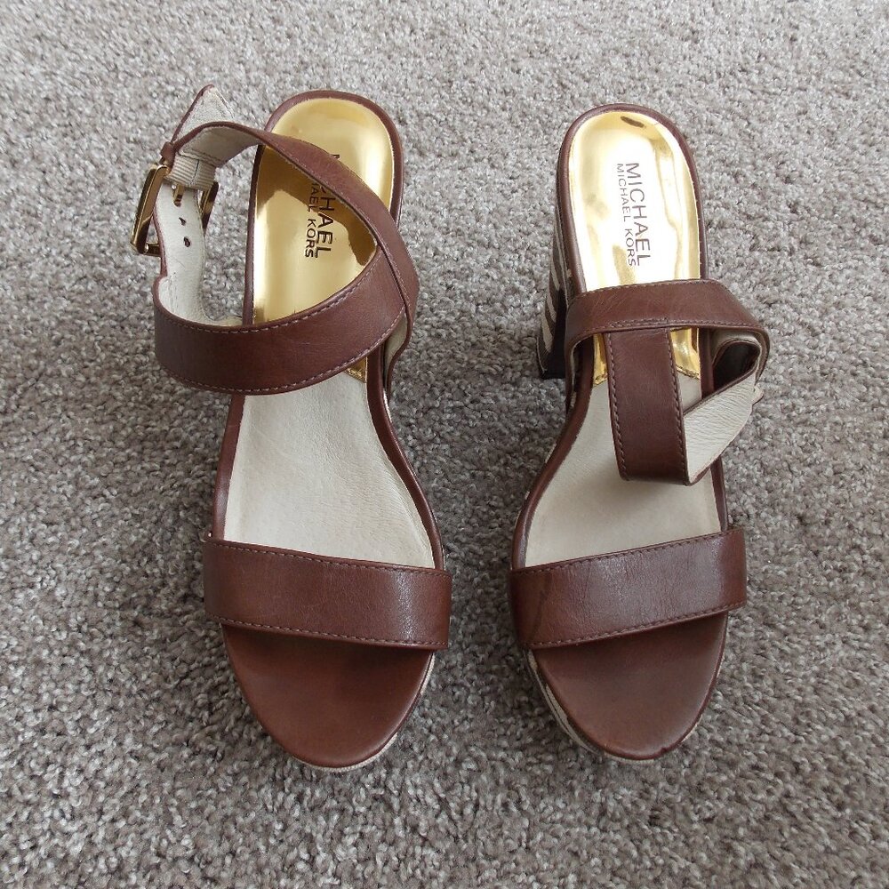 Michael Kors Ivana Mocha Zebra Animal Print Canvas Platform Sandals Heels - Picture 2 of 16